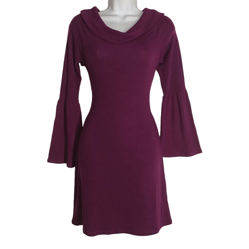 SANDREA Purple Bell Flare Sleeve Thin Knit Stretchy Cowl Neck Dress Medium NWT